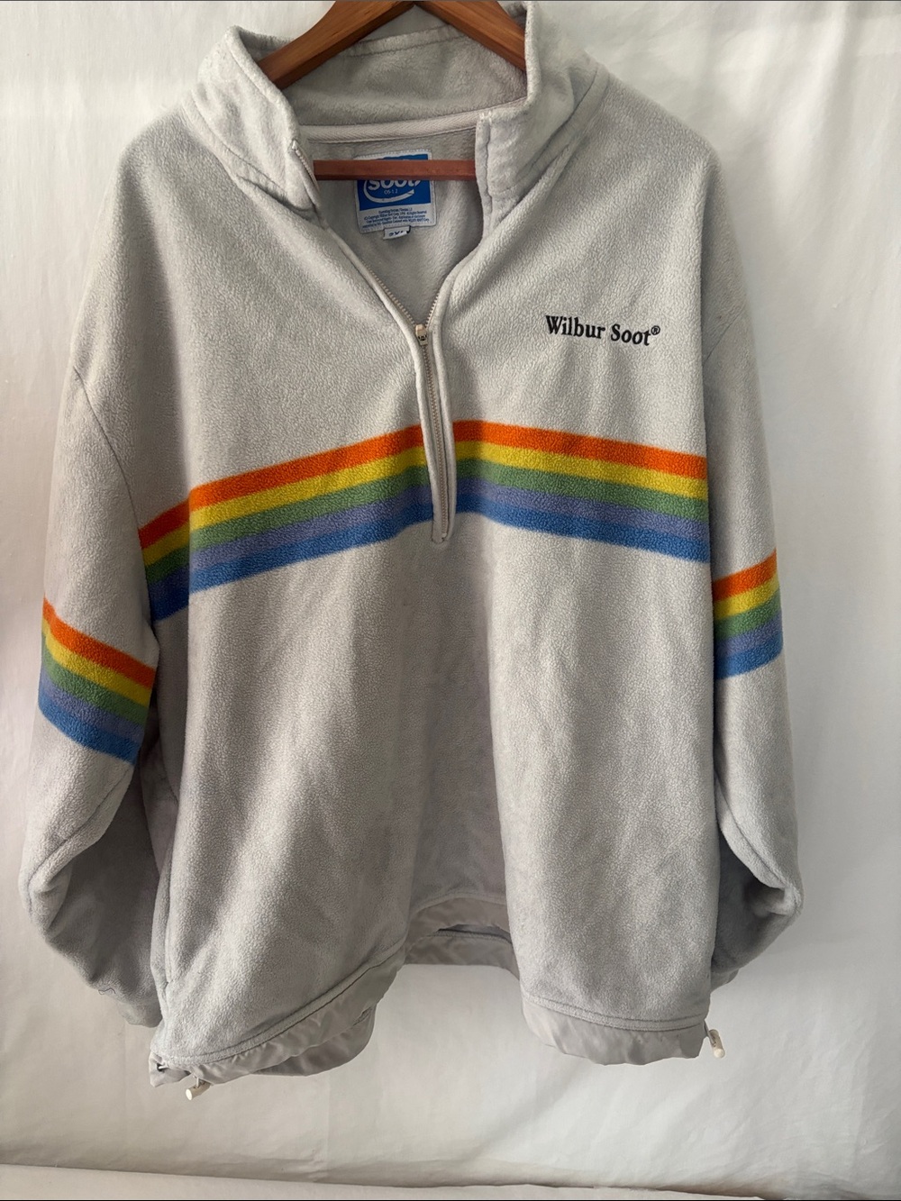 Men's Light Gray Quarter-Zip Fleece with Rainbow Stripe. Wilbur Soot Authentic